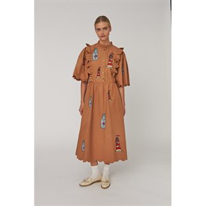 Stella Nova - Broderet Midi Kjole med Scallop Kant - Brown